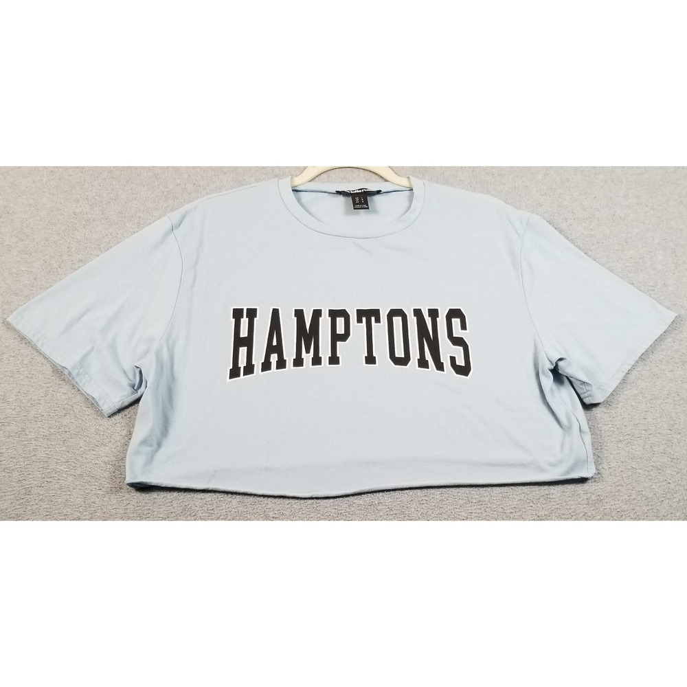 Charlotte Russe Crop Top Women L Large Blue Hamptons Graphic Tee Raw Hem Summer